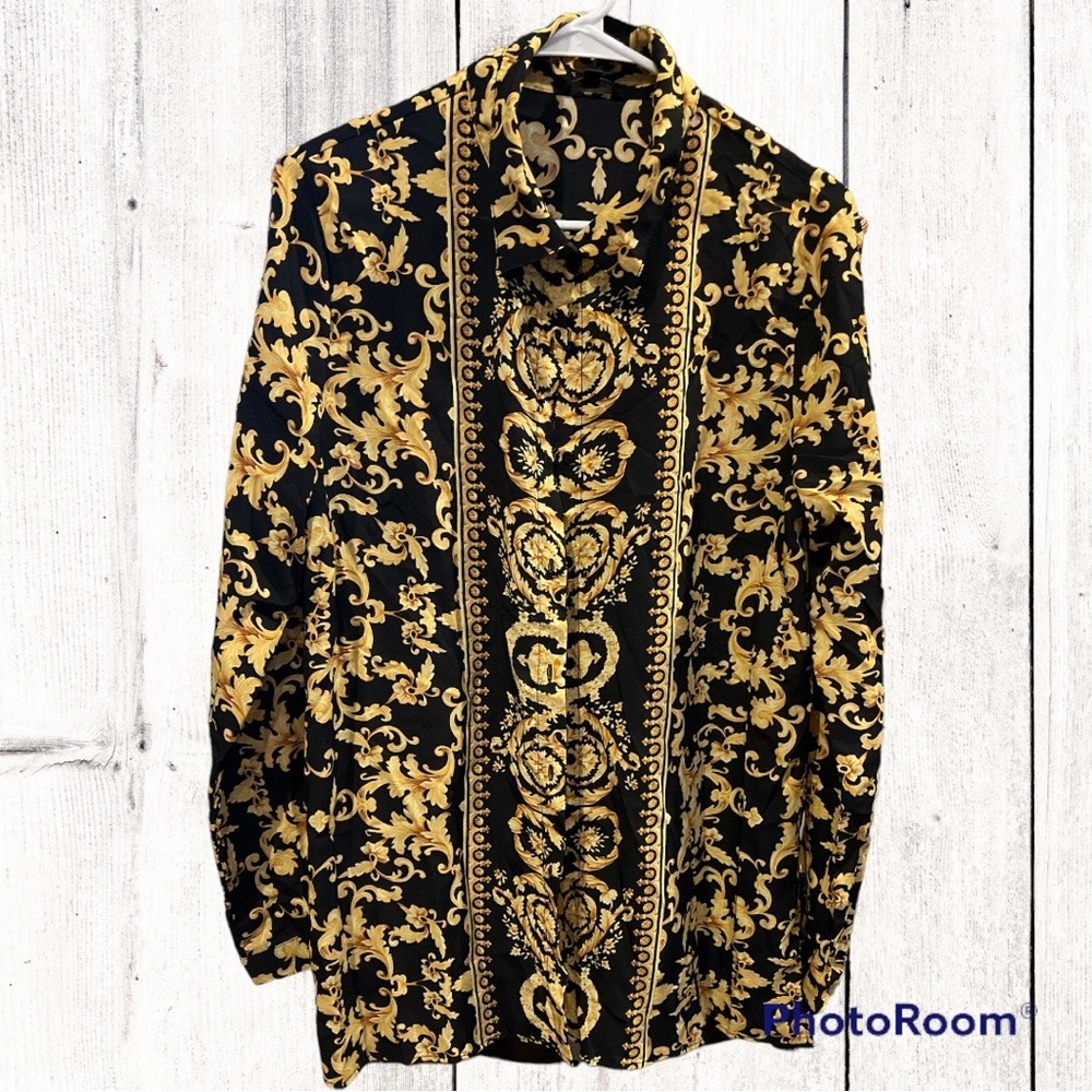 FloryDay Gold Leaf scroll print button up tunic size large